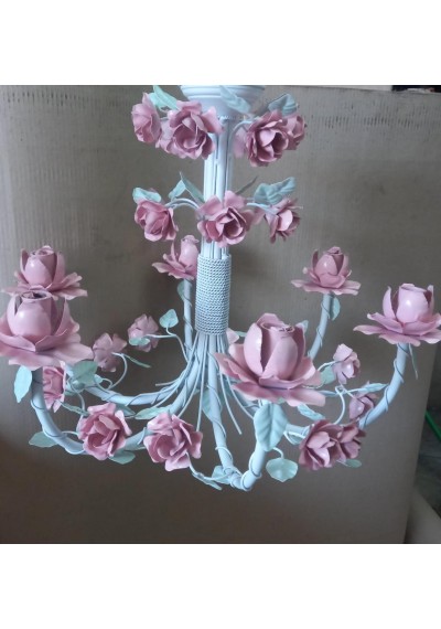 Lustre  flores em ferro 6 lampadas  azul turquesa com rosa